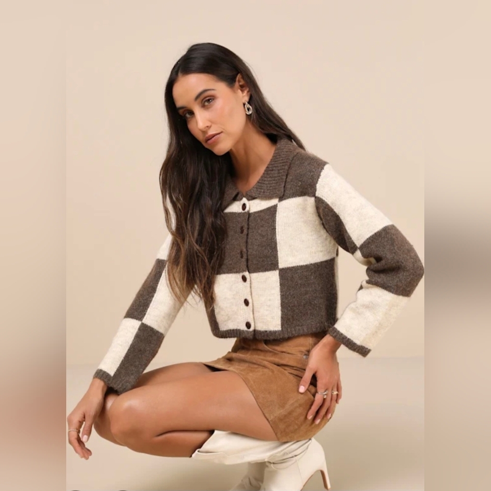 Moon River Collared Checkered Cardigan